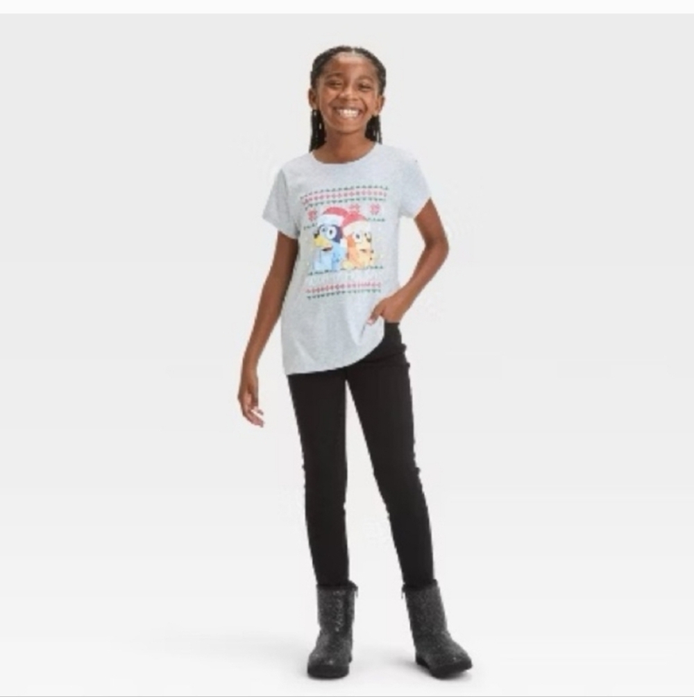 Girls' Bluey Holiday Short Sleeve Graphic T-Shirt - Heather Gray L - Picture 3 of 11